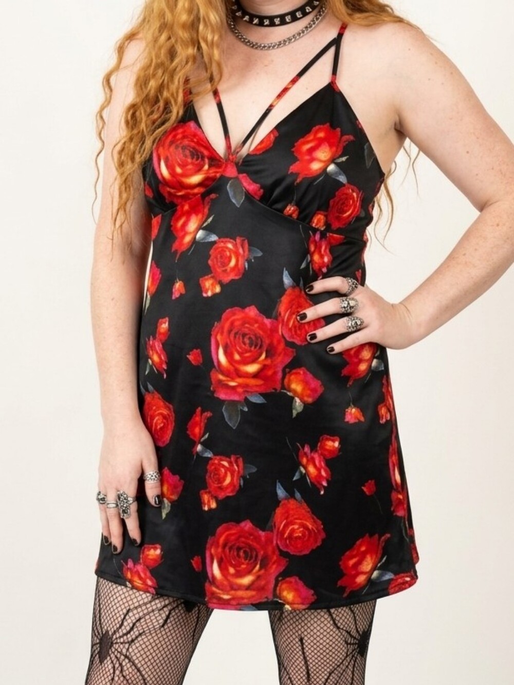 Wild Fable Floral Rose Dress w/Red & Black Accents, Sexy, Silky, Satin, Flirty